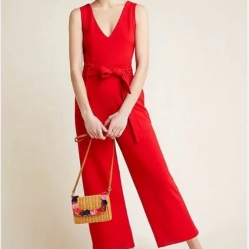 Anthropologie Sz XS Red Sleeveless Wide Leg Crop Cathy Structured Jumpsuit FLAW